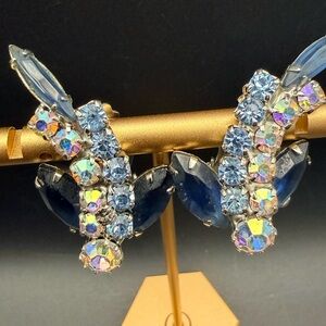 Vintage Juliana D&E Blue AB Rhinestone Clip Earrings Navette Climber Verified